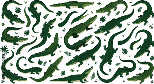 Flat Style Crocodile and Alligator Vector Element Collection Featuring Green Reptiles with Tropical Monstera Leaves and Swamp Grass Icons for Nature Border Designs