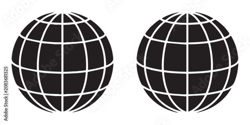 Set of minimalist dark globe icons representing earth planet shape for graphic design collections.