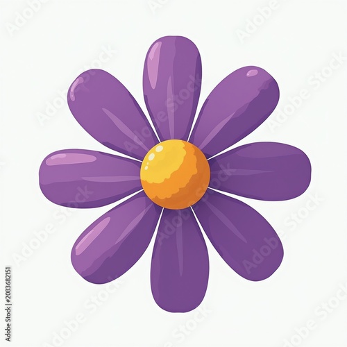 Purple daisy flower illustration with yellow center on plain white background. Simple graphic design element for cards, apparel, and decor. Blossom for spring celebration.