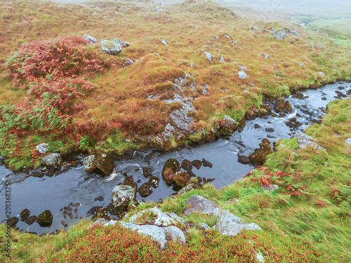 Fotografie Winding stream flows through autumnal moorland with scattered rocks