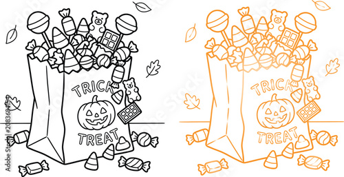 Tableau sur toile Halloween candy bag illustration trick or treat line art for coloring pages and