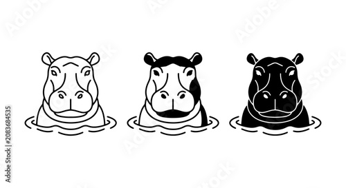 Photography Set of Three Hippo Head Icons, Black and White Vector Graphics, African Wildlife