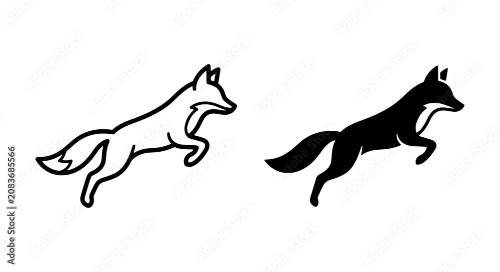 Fototapeta premium Dynamic Fox Icons, Silhouette and Outline, Wild Animal Vector Art, Agile Mammal Graphics, Nature Wildlife Design Elements