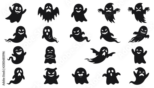 Canvas Print Collection of fifteen black ghost silhouettes with various expressions on a whit
