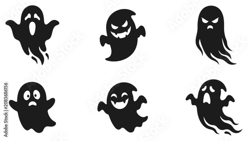 Photos Collection of spooky black ghost silhouettes with varying expressions against a