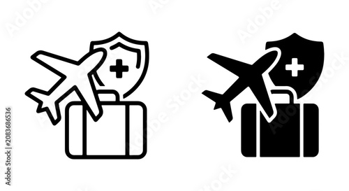 Schilderij op canvas Travel Insurance Icons, Airplane Luggage Shield Health Protection, Vector Set fo