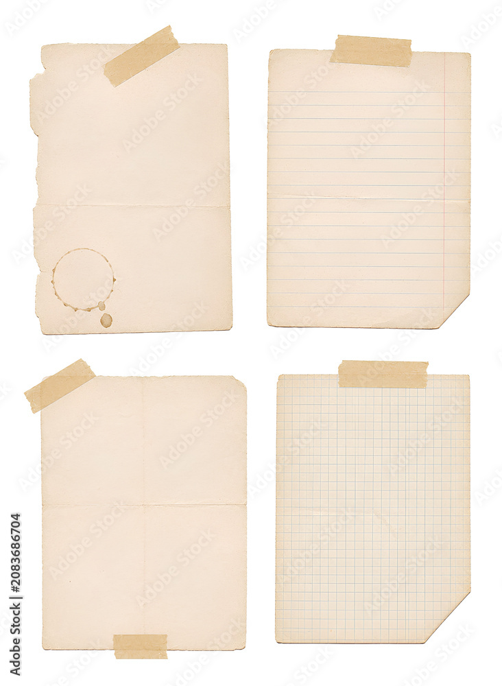 Obraz premium vintage aged paper note sheet collection with masking tape strips isolated on transparent background