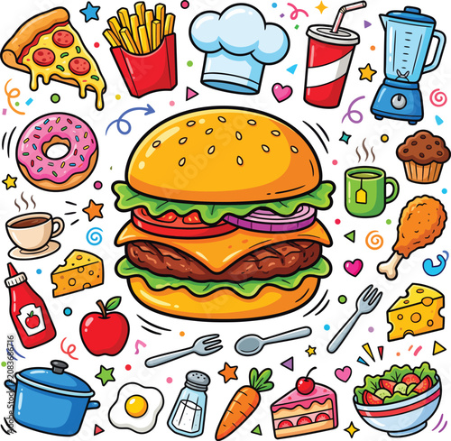 Assorted food items colorful vector illustration with doodle style elements
