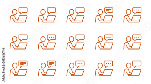 Orange worker icons at desk with speech bubbles.
