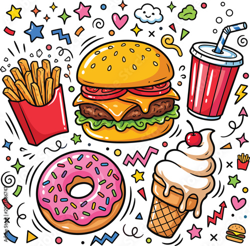 Fast Food Doodle Illustration With Burger Fries And Dessert