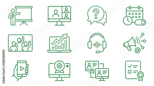 Virtual training and video conferencing communication icons.