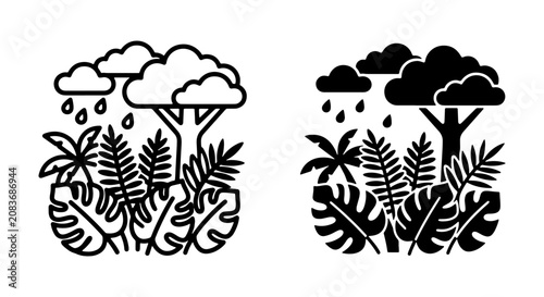Tropical Jungle Rain Icons, Lush Foliage & Clouds, Vector Set for Nature & Ecology Themes