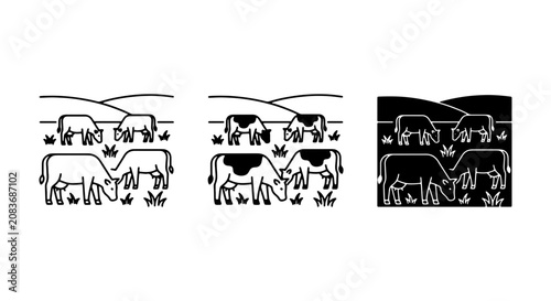 Farm Livestock Icons, Cow Grazing Vector Set, Rural Agriculture Icons, Simple Livestock Graphics