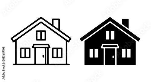 Two House Icons: Outline and Silhouette, Residential Building Symbols, Real Estate Graphics, Home Vector Art