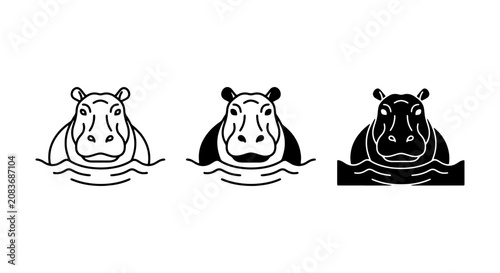 Photography Hippopotamus Icons Set, African Wildlife Vector Art, Simple Animal Graphics, Wat