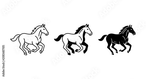 Galloping Horse Icons Set, Black and White Equine Vector Graphics, Majestic Animal Silhouettes for Equestrian Design