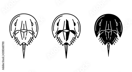 Horseshoe Crab Icons: Minimalist Line Art, Silhouette, and Outline Vector Graphics for Marine Biology and Seafood Themes