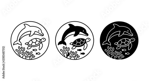 Photography Ocean Life Icons: Dolphin, Turtle, Fish & Coral Set