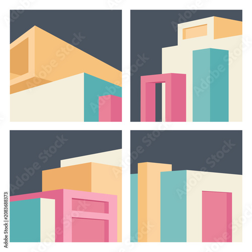 Colorful 3d view of city buildings vector square banner set. Urban architecture construction illustration.