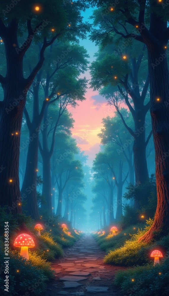 Obraz premium Path through misty forest with glowing mushrooms. Tall trees line walkway with fireflies. Soft sunset sky creates magical twilight atmosphere. Peaceful nature scene.