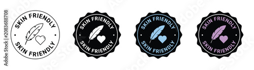 Set of four skin friendly product labels with feather and heart icons for cosmetic branding