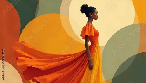 Woman in orange and yellow flowing dress stands with grace. She has dark hair styled up. The background is abstract with warm circles in orange yellow and green colors.