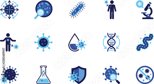 Fotografie Virus and microbiology science icon set with bacteria infection microscope disease pathogen contamination mutation parasite germ biology antiviral and antibacterial symbols