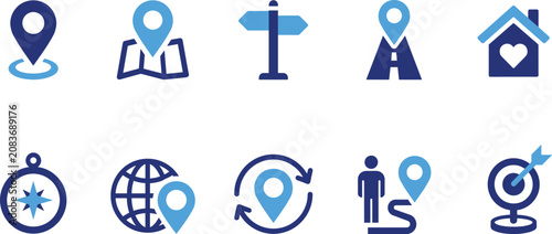 Quadro em tela Location and map navigation icon set with pin pointers directions route home compass geolocation change destination path and exact target elements
