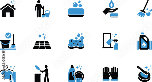 Konstfotografi Cleaning service and housekeeping icon set with clean house janitor soap hygiene broom sponge detergent laundry dishwashing gloves and floor polish symbols