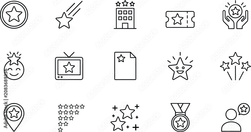Fototapeta premium Star and favorite line icon set with shooting star hotel event ticket award wish tv show review medal and celebration elements.