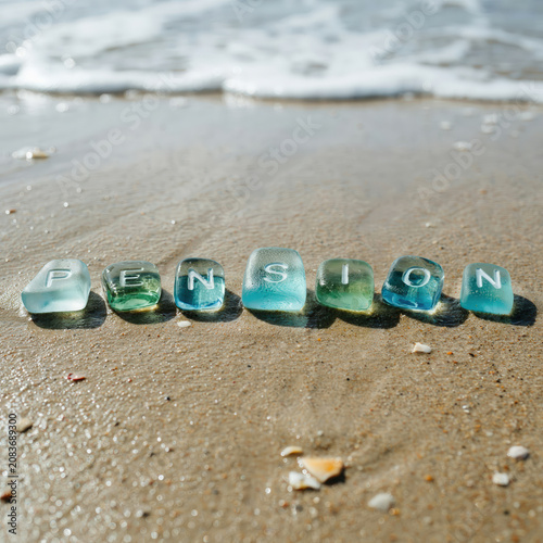 Pension Word Spelled with Sea Glass Stones on Sandy Beach