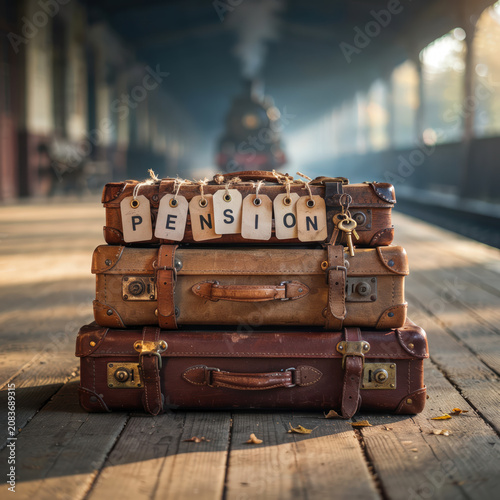 Retirement Planning and Pension Concept with Vintage Luggage at Train Station