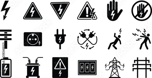 Bild auf Leinwand High voltage and electricity danger icon set with lightning bolts warning triangles shock hazards power plugs towers and battery symbols