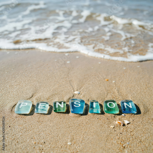 Pension Word Spelled with Sea Glass Stones on Sandy Beach