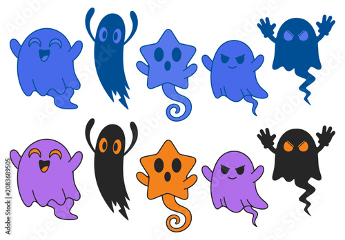 Obraz na plátně Colorful cartoon ghosts and spooky specters with playful expressions on a white
