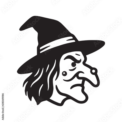 Canvas-taulu Graphic black and white illustration of an angry witch face with a pointed hat h