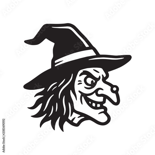 Quadro su tela Black and white illustration of a spooky witch head wearing a pointed hat with h