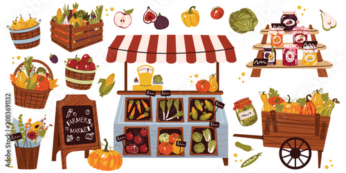 Tableau sur toile Autumn farmers market clipart with fresh harvest, vegetables, fruit, pumpkins, baskets, market stand, preserves and flowers