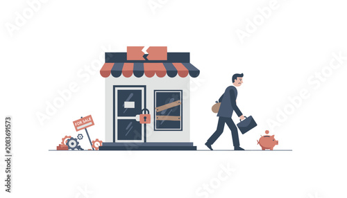 Man walking away from a failed business storefront for sale with a piggy bank representing financial loss and economic hardship concept.