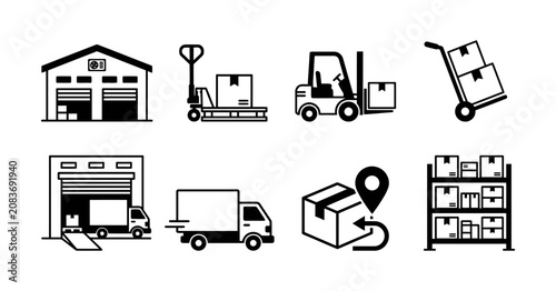 Logistic and warehouse storage equipment icons featuring forklift and transport vehicles.