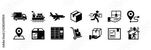 Logistics and shipping service icons set featuring global transport and delivery methods.