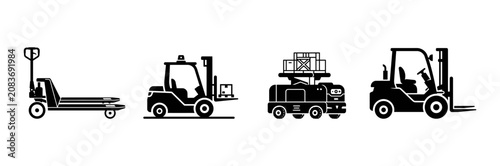 Heavy industrial material handling vehicles and warehouse forklift equipment icons set.