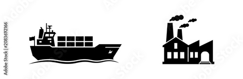 Industrial factory and maritime cargo ship icons representing global trade and manufacturing.