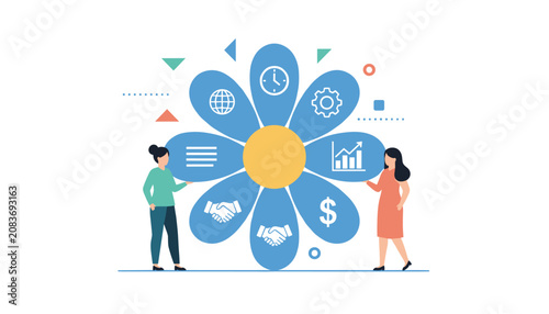 Diverse business team collaborating around a symbolic flower graphic containing strategic growth icons for professional development success.