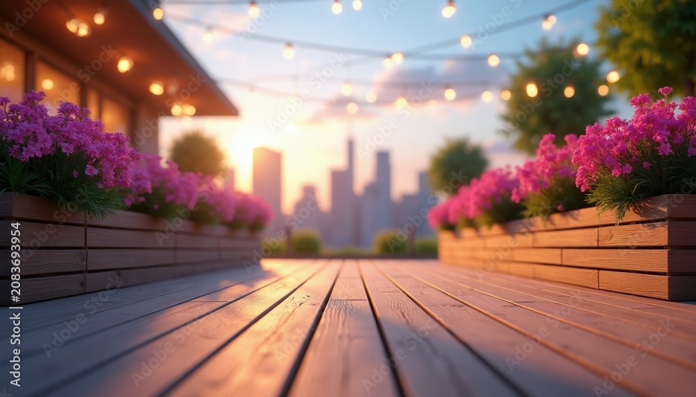 Fototapeta premium Decked terrace with pink flowers, string lights overlooks city skyline at sunset. Wooden planters, floor create inviting outdoor space. Warm bokeh background adds ambiance for events or relaxation.