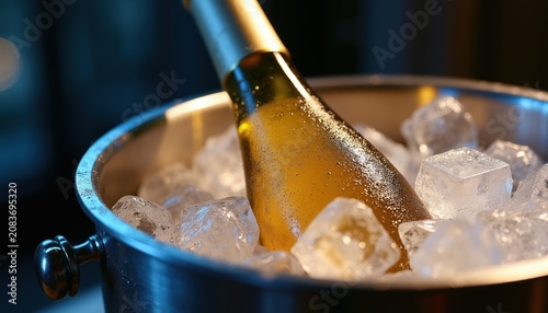 Bottle of white wine chills in ice bucket. Metal container holds clear ice cubes. Cool beverage ready for serving. Refreshment for celebration.