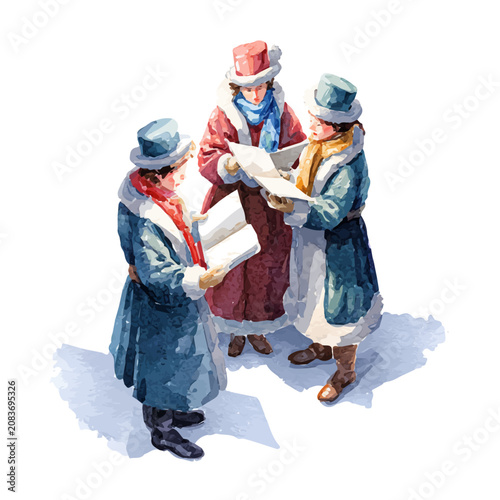 Christmas Carolers, isolated watercolor element on white background