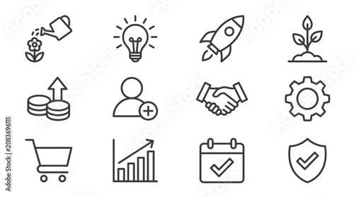 Business growth and startup conceptual line icons.