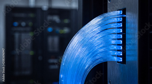 Tableau sur toile Bright blue fiber optic cables glowing in a server room