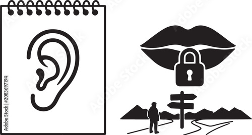 Ear on Notebook and Locked Lips Symbol Illustration